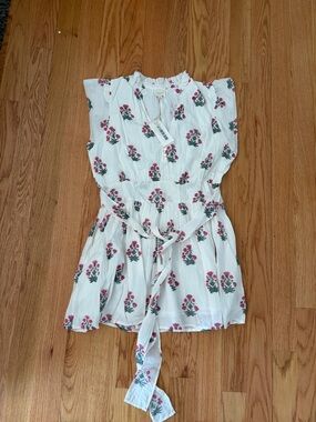 White Mini Dress with Pink Floral Print and Tie Waist